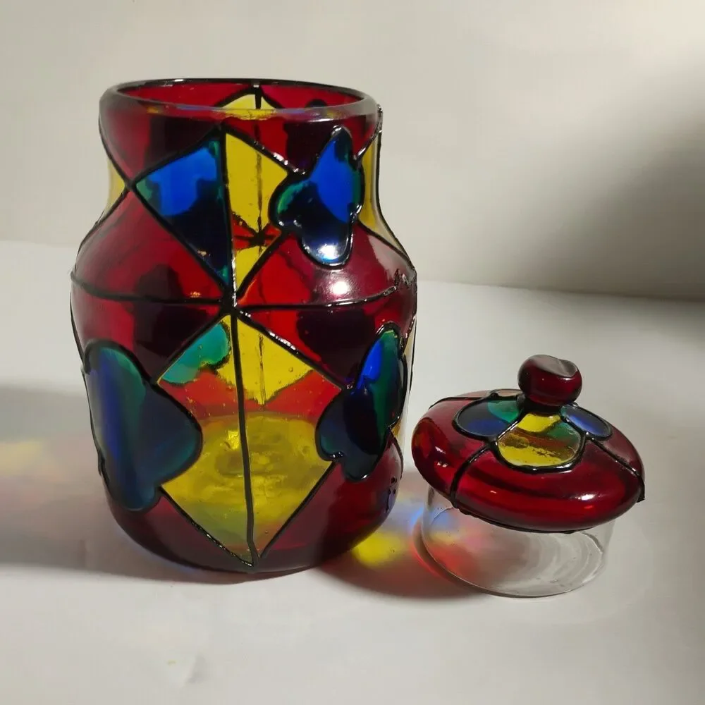 Vintage Vidrio  Stained Glass Lidded Jar, 8